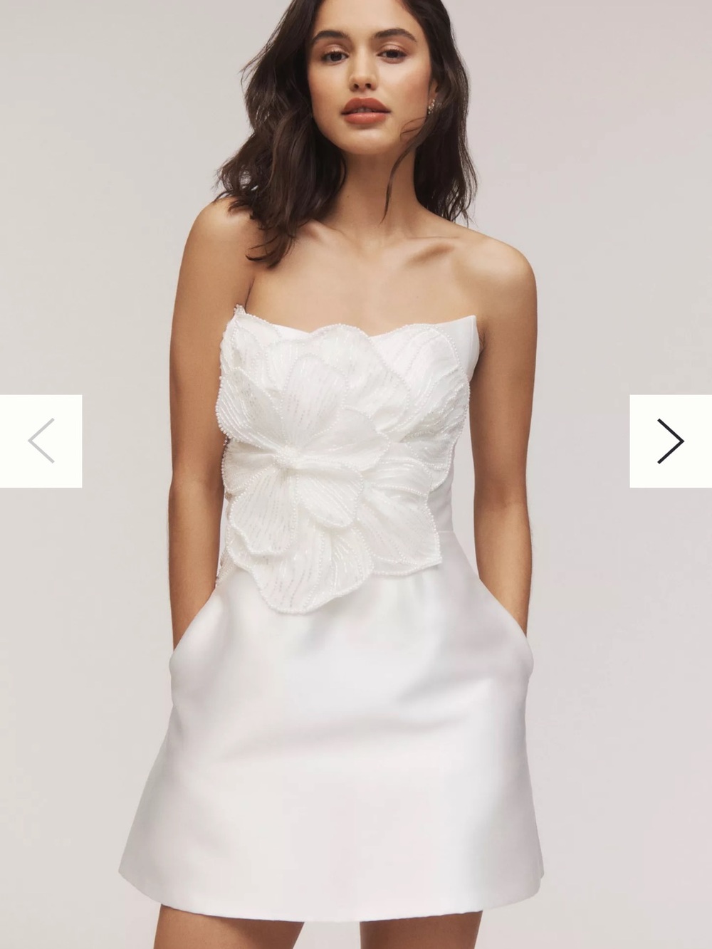 By Watters Brie Strapless White Mini Embellished Dress with Pearl Floral Appliqu